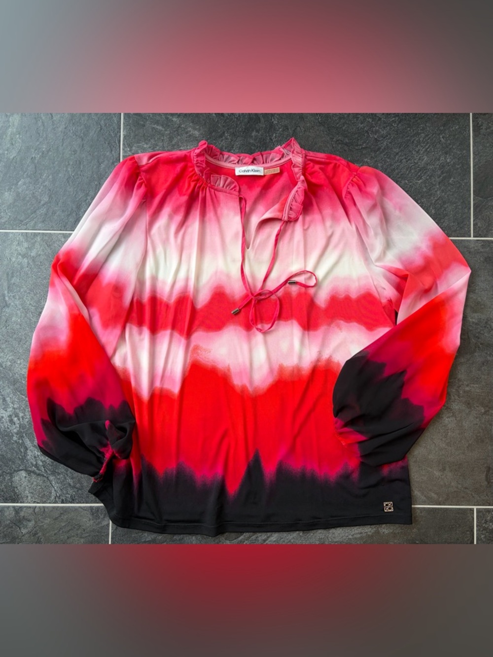 Calvin Klein Red White Black Ombre Tie-Neck Blouse
